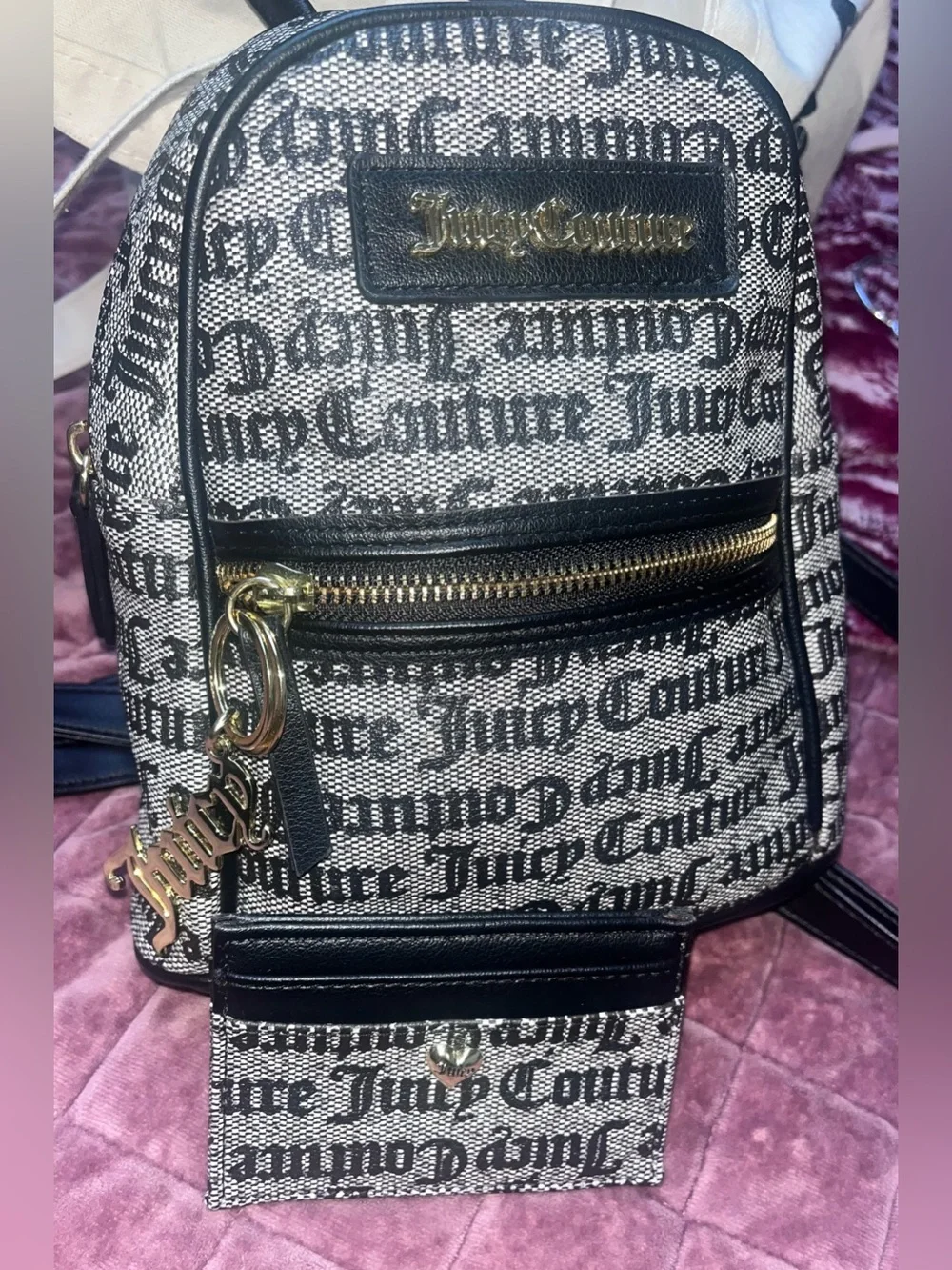 Juicy Couture Mini Backpack & Matching Wallet Black White Gothic Script EUC